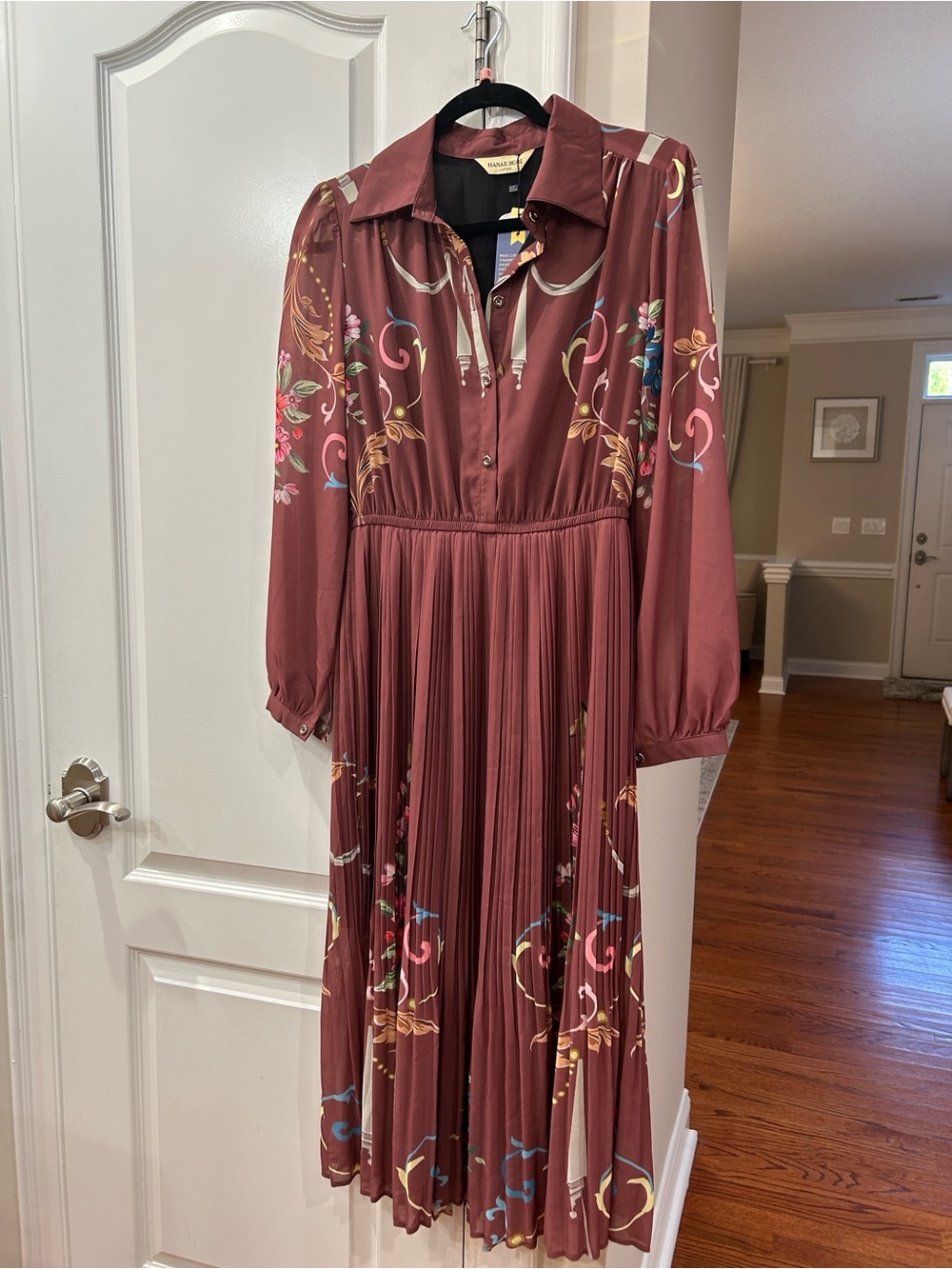 Pleated Floral-Print Long Sleeve Midi Dress - Burgundy
